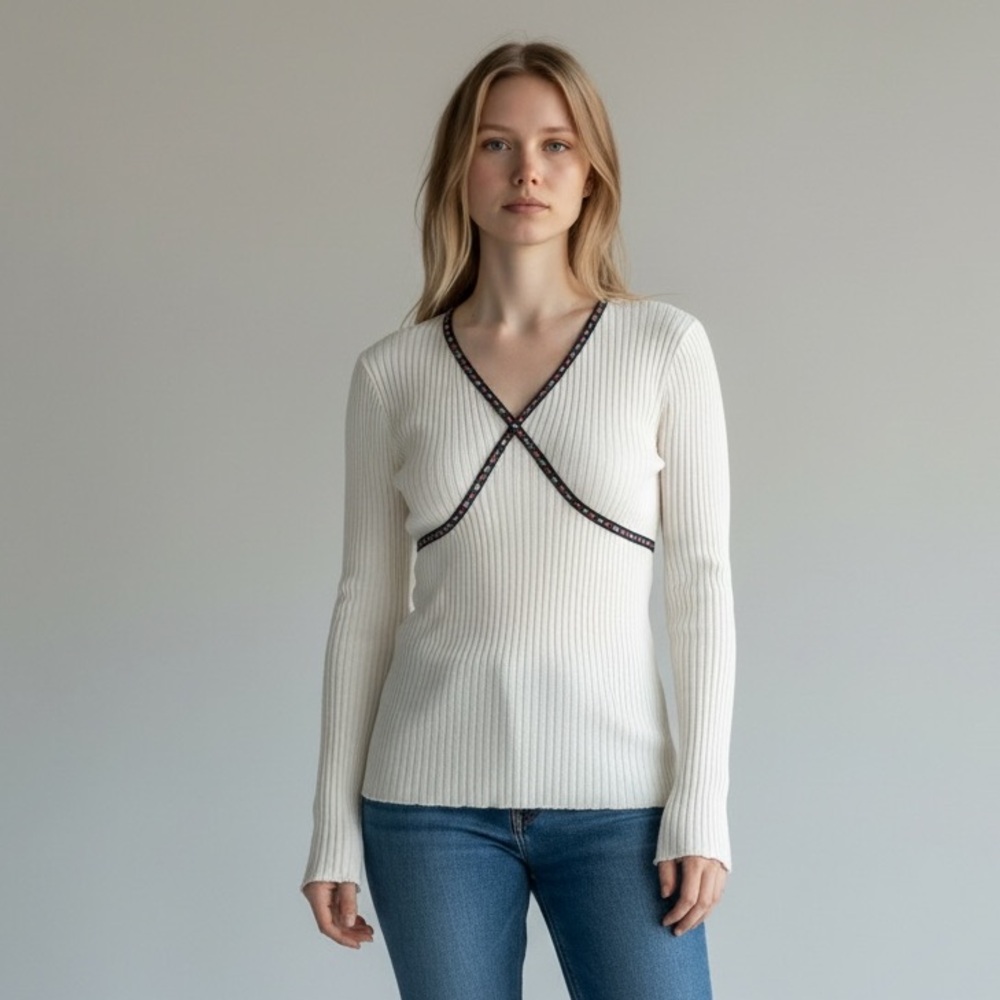 Vintage Cream Ribbed V-Neck lightweight Sweater with Contrast embroidered Trim